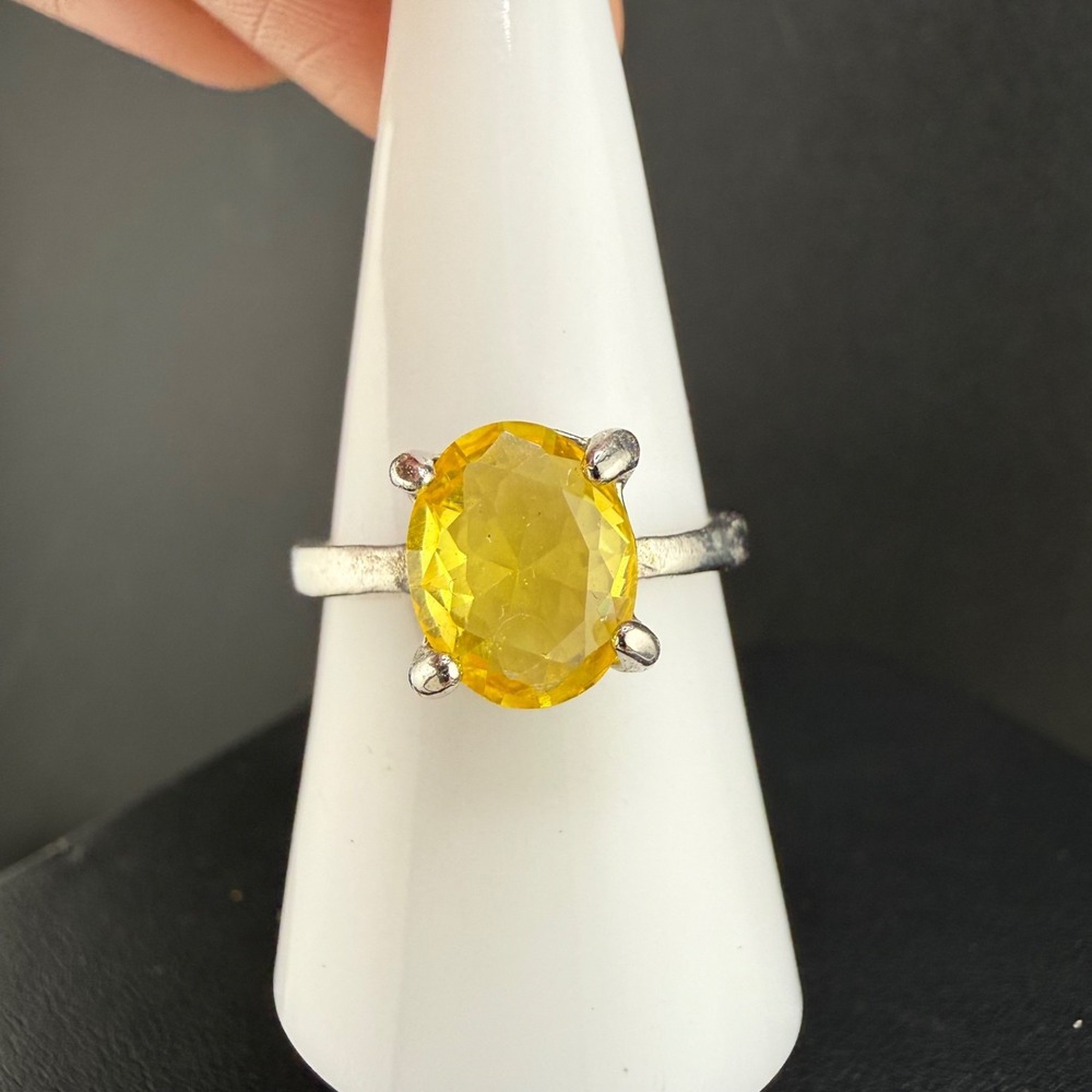 Vintage Cocktail Ring Silver Tone Yellow Rhinestone Size 8